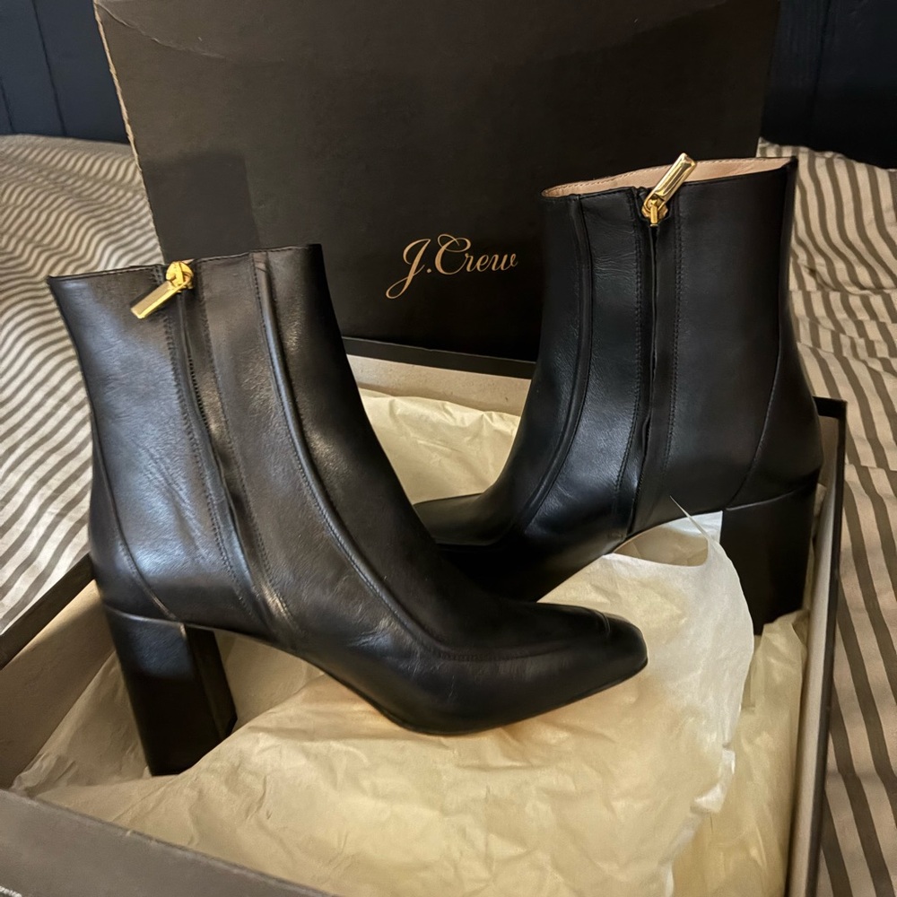 J. Crew Black Leather Ankle Boots with Gold Zipper
